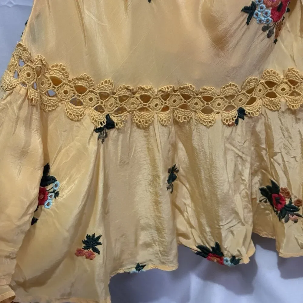 Free People Bali Santa Cruz Ruffle Maxi Dress S Yellow Floral Puff Sleeve Boho